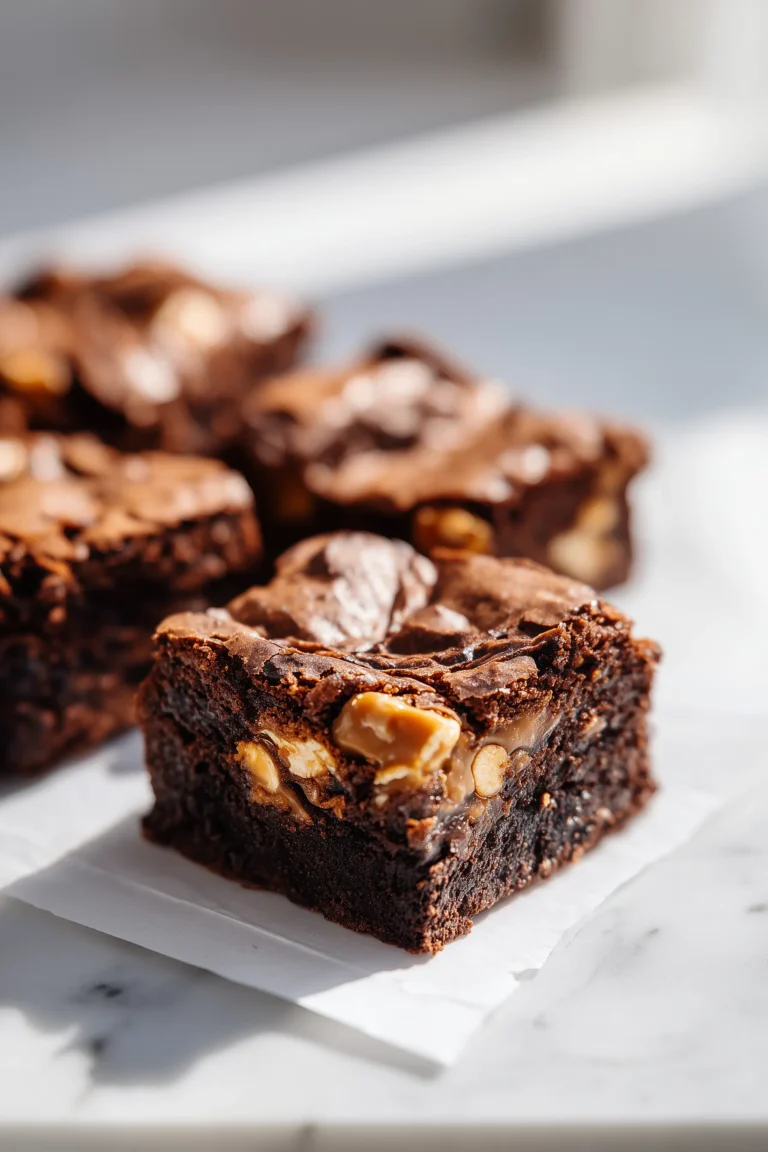 Outrageous Snickers Brownies displayed on parchment over white marble, showing layers of caramel, nuts, and chocolate chips inside the brownies.