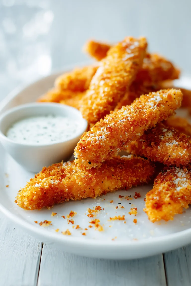 A plate of Oven Baked Chicken Tenders displayed on a bright surface, showing their crispy golden coating and juicy texture.