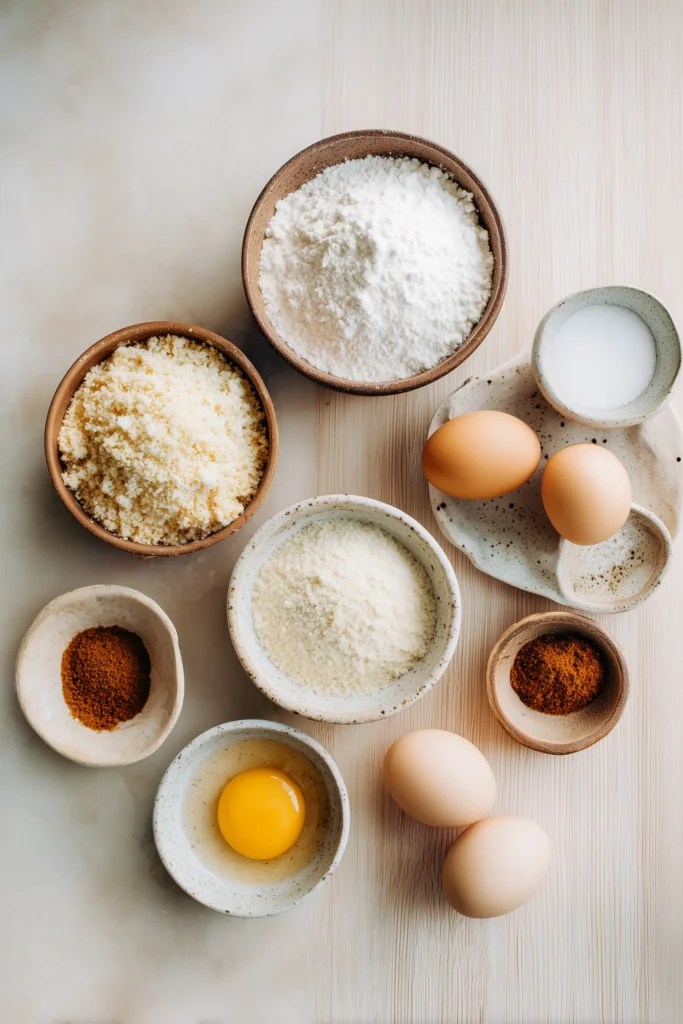 An overhead image of ingredients for Oven Baked Chicken Tenders including chicken, panko, parmesan, and spices on a light wood background.