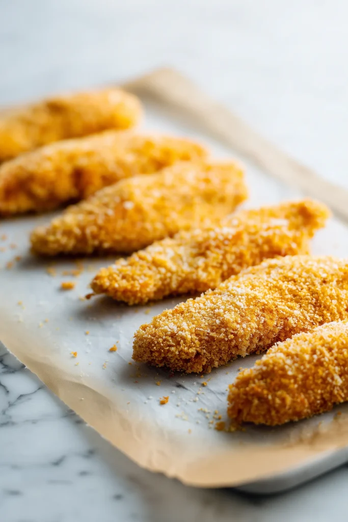 Baking sheet with breaded Oven Baked Chicken Tenders on parchment, showing them before baking.