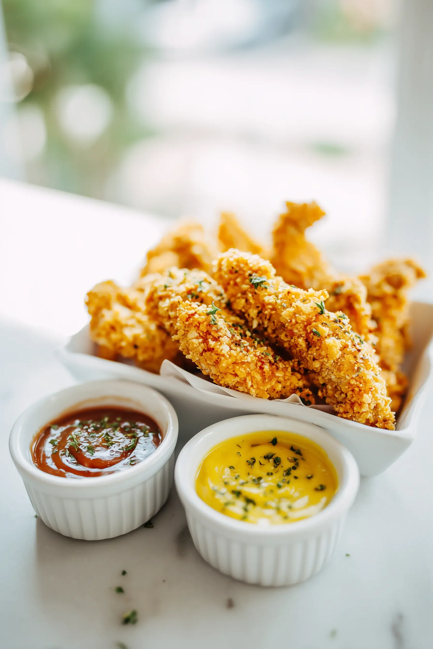 Crispy Oven Baked Chicken Tenders with various sauces arranged on a bright table, perfect for dipping.