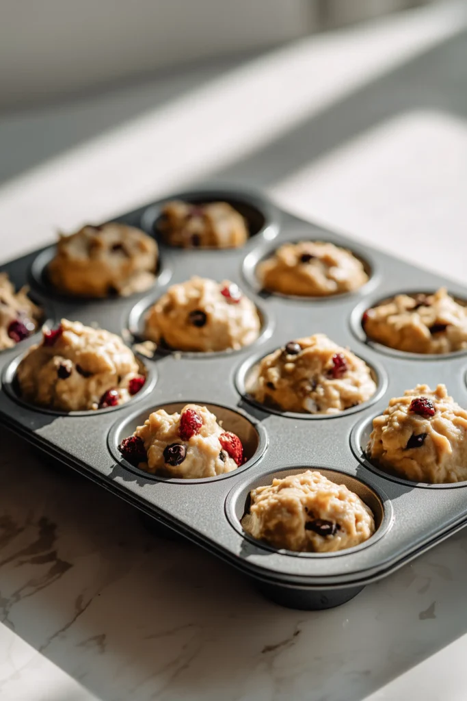 Pancake Poppers baking in a mini muffin tin with chocolate chips and berries.