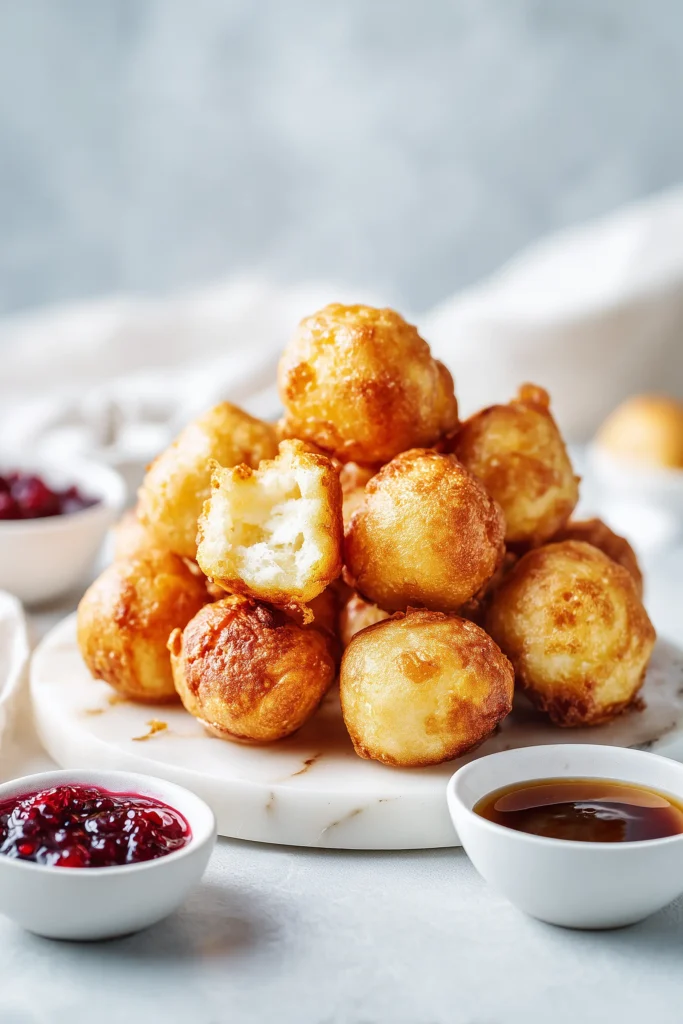 Golden Pancake Poppers with crispy edges and fluffy insides served with dipping sauces.