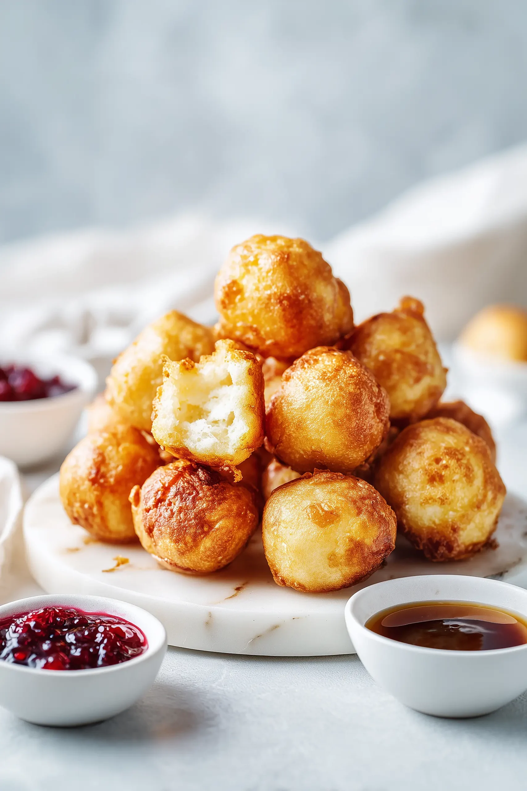 Golden Pancake Poppers with crispy edges and fluffy insides served with dipping sauces.