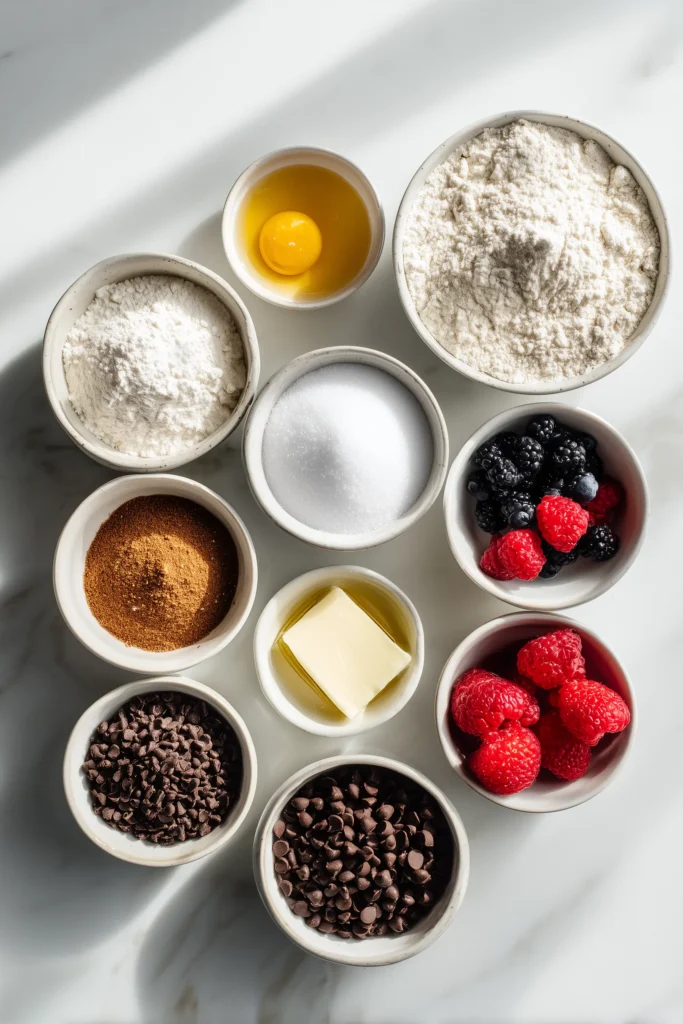 Ingredients for Pancake Poppers arranged on a white marble counter.