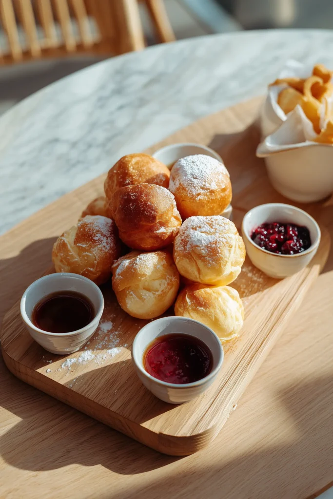 Pancake Poppers on a wooden board with syrup and powdered sugar for serving.