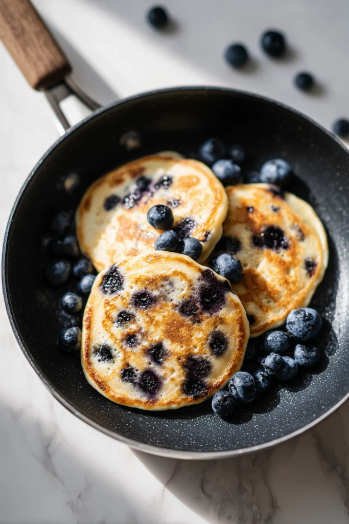 Blueberry-studded Greek Yogurt Pancakes bubbling on a nonstick skillet, golden and ready to flip.