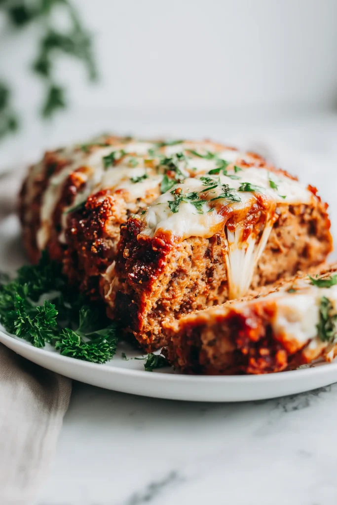Parmesan Chicken Meatloaf with Crispy Cheese & Mozzarella Center 1 A golden Parmesan Chicken Meatloaf sliced on a white plate, showing gooey mozzarella and crispy cheese topping.