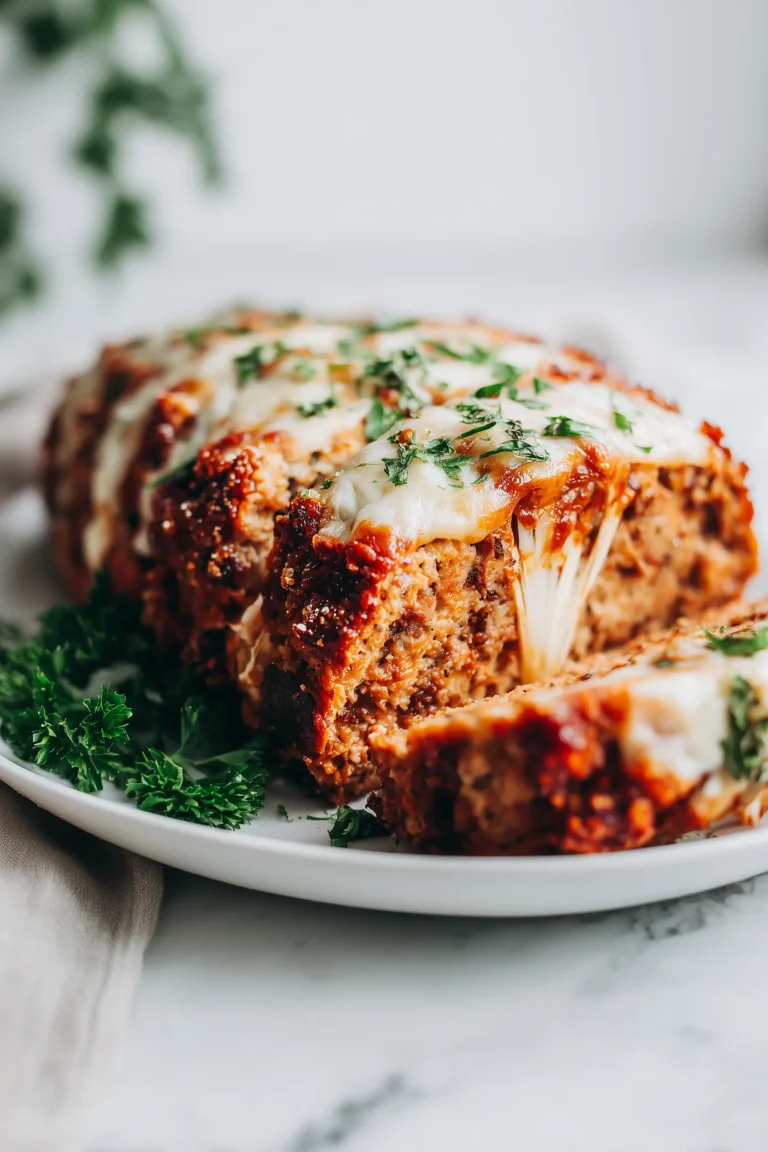 A golden Parmesan Chicken Meatloaf sliced on a white plate, showing gooey mozzarella and crispy cheese topping.