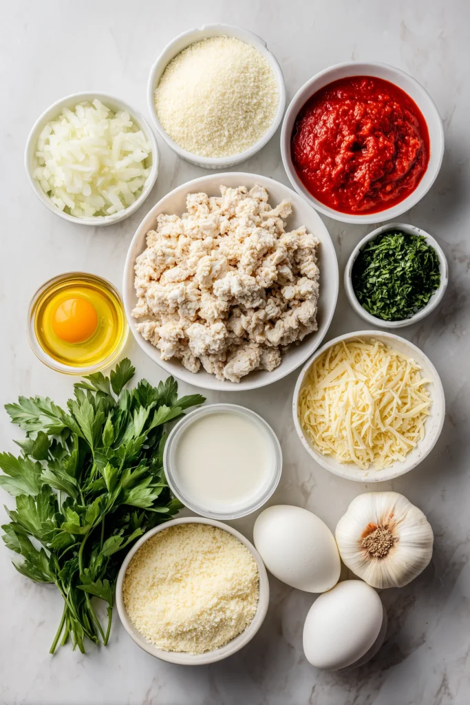 Parmesan Chicken Meatloaf with Crispy Cheese & Mozzarella Center 2 Overhead view of Parmesan Chicken Meatloaf ingredients laid out on a light background.