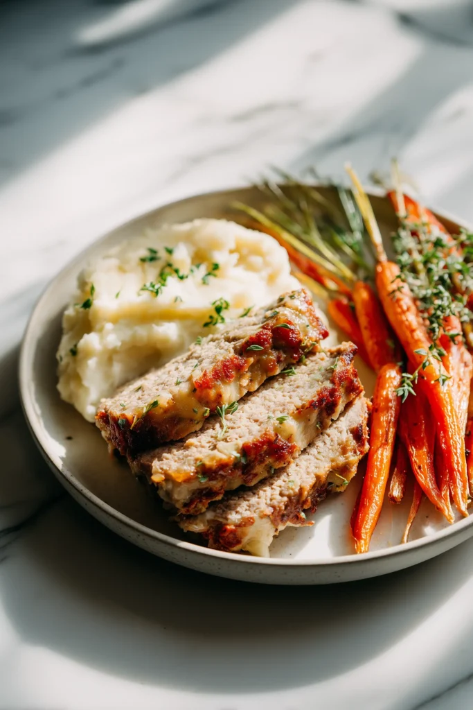 Parmesan Chicken Meatloaf with Crispy Cheese & Mozzarella Center 4 Slices of Parmesan Chicken Meatloaf served with mashed potatoes and roasted carrots on a bright plate.