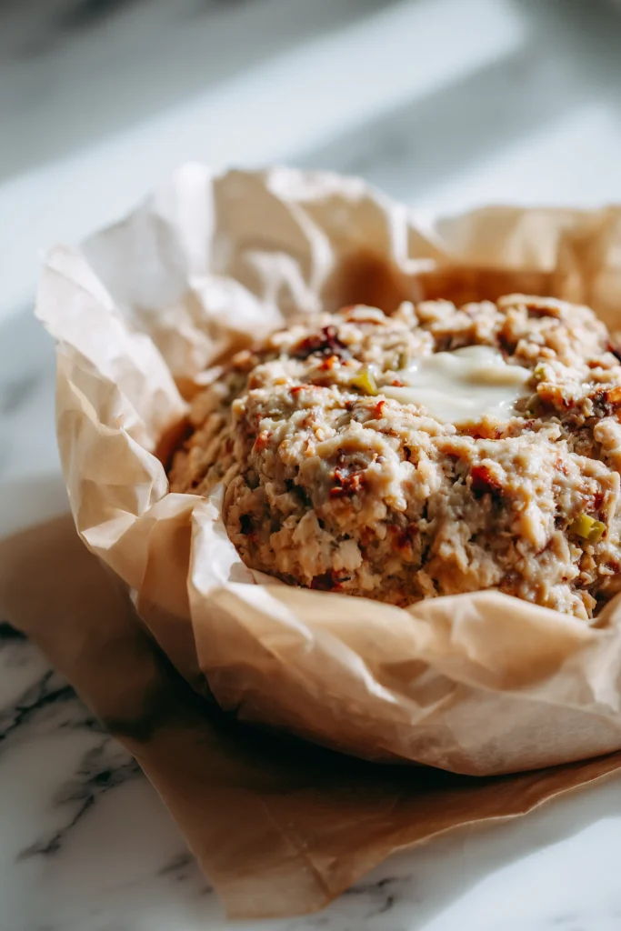 Parmesan Chicken Meatloaf with Crispy Cheese & Mozzarella Center 3 Chicken meatloaf being shaped on a pan, with mozzarella stuffed inside, before baking.