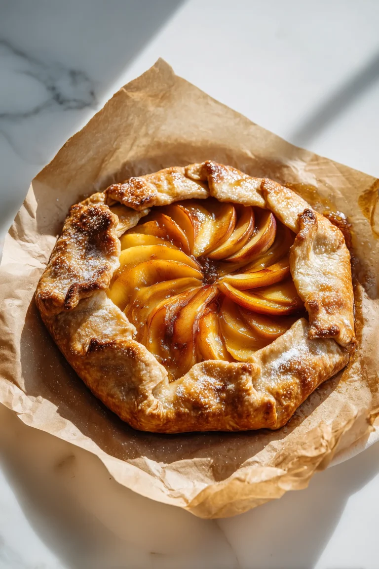 Peach Maple Galette with juicy peaches and flaky crust on a white marble surface.