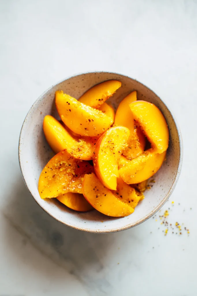 Bowl of sliced peaches mixed with maple syrup to fill Peach Maple Galette.
