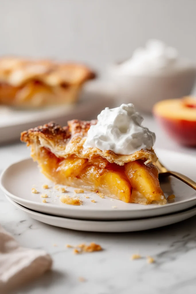 Slice of Peach Maple Galette with flaky crust and peaches, topped with cream on a white plate.