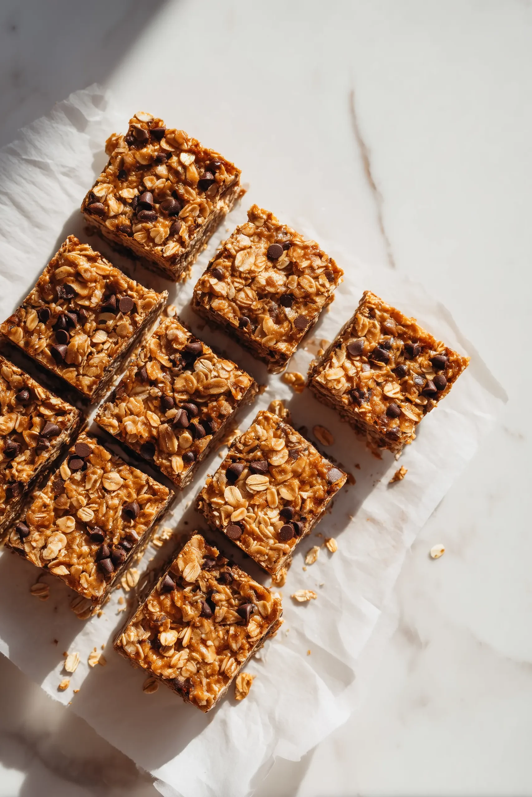 A batch of Peanut Butter Banana Oatmeal Bars sliced into squares on white marble, highlighting their golden, chewy texture.