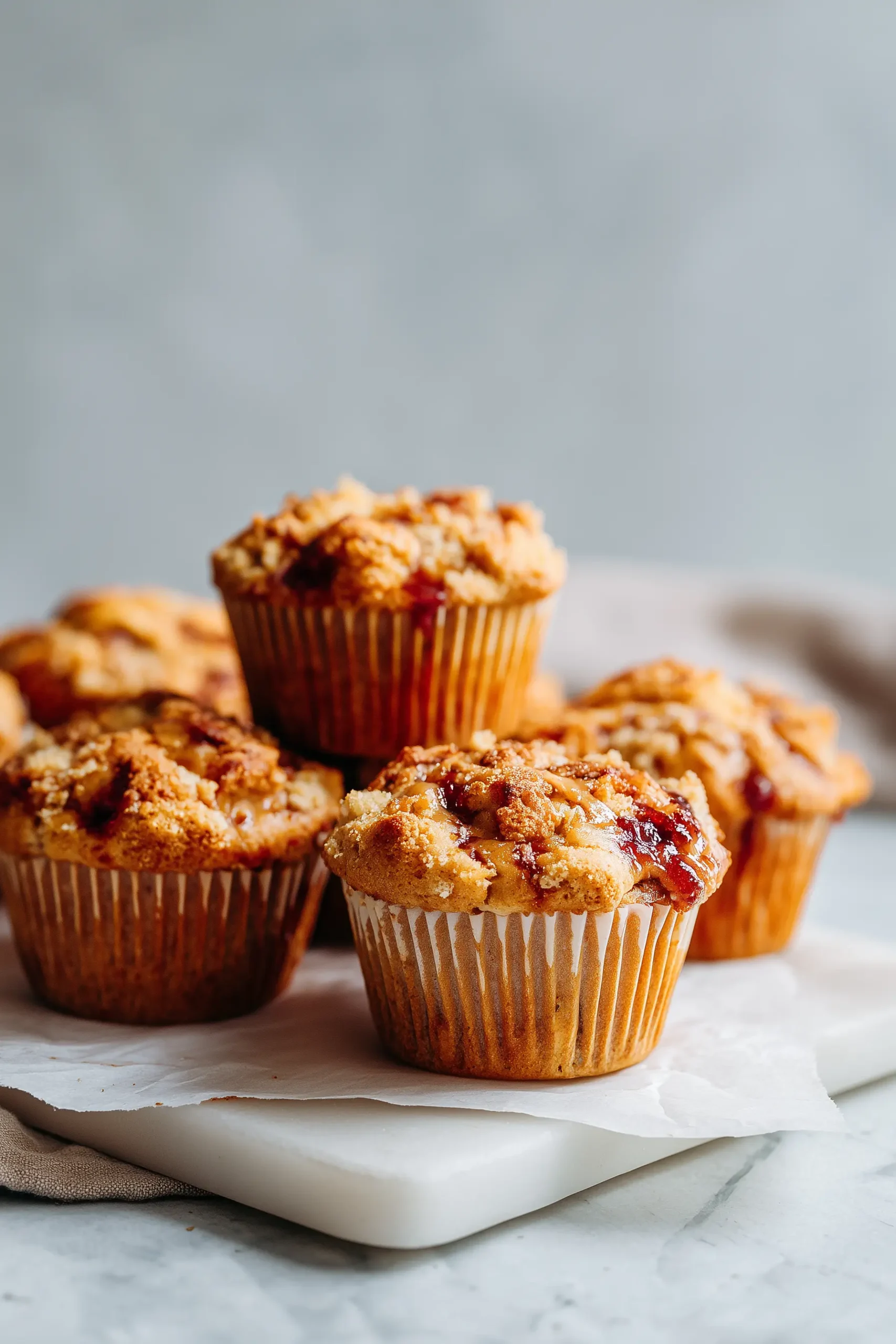 Fluffy Peanut Butter and Guava Muffins with golden tops and swirled guava, arranged on bright marble.