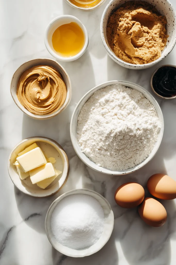 The ingredients for Peanut Butter and Guava Muffins set out on bright marble, including peanut butter, guava, and baking essentials.