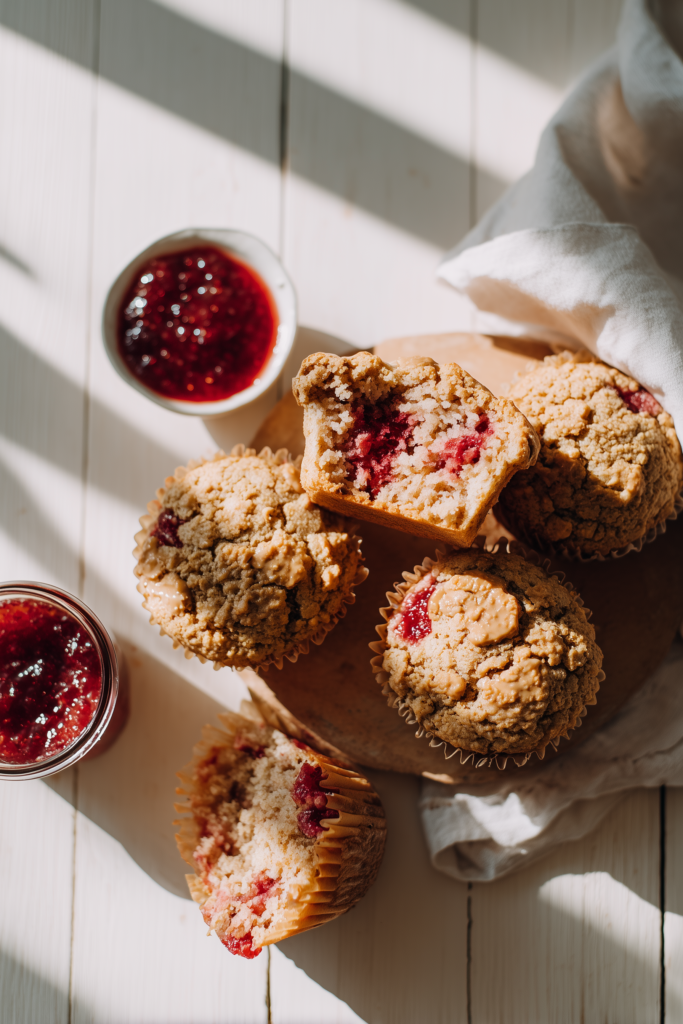 Fresh Peanut Butter and Guava Muffins, some broken open to reveal the fluffy, jam-filled center, on pale wood.