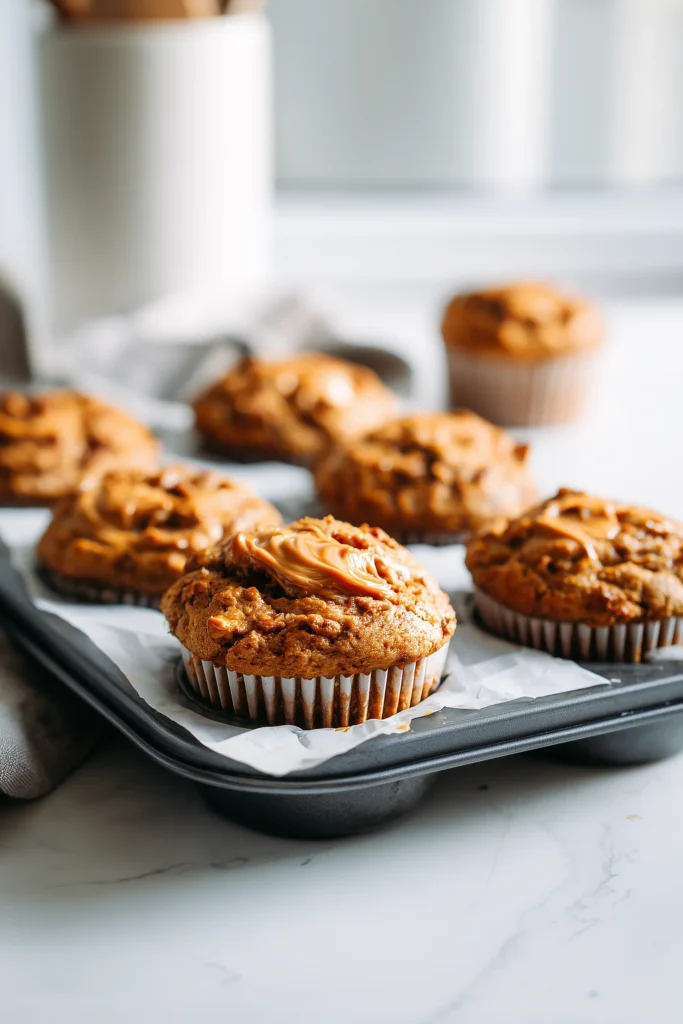 A muffin tray filled with Peanut Butter and Guava batter, showing swirls of guava on white parchment.