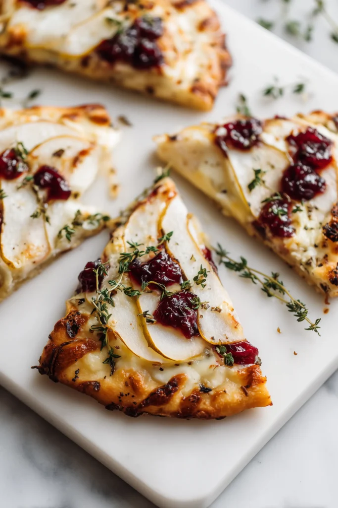 Pear Brie and Cranberry Flatbread with Thyme on a marble board with brie, pear slices, cranberry, and fresh thyme.