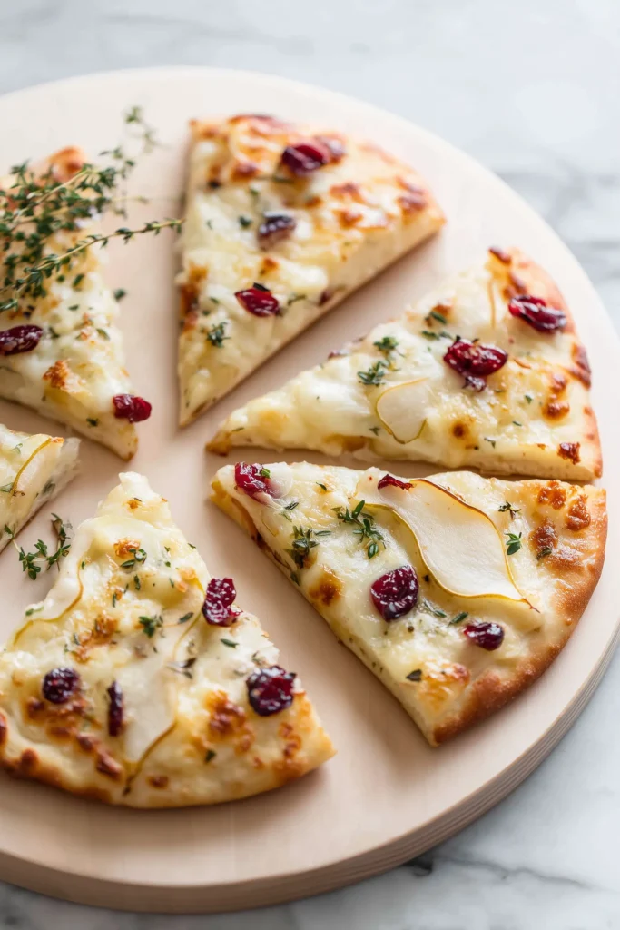 Pear Brie and Cranberry Flatbread with Thyme (Easy & Elegant Fall Appetizer) 2 Wedges of Pear Brie and Cranberry Flatbread with Thyme on a wooden board, ready to eat.