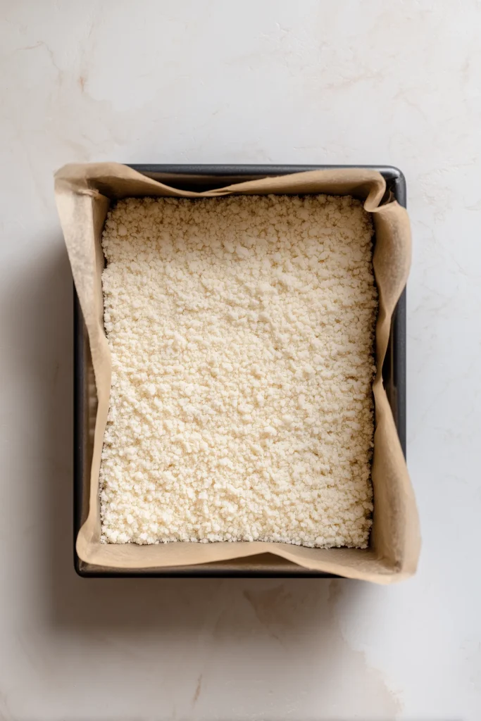 Shortbread crust for Pecan Pie Bars pressed into a pan lined with parchment, overhead view.