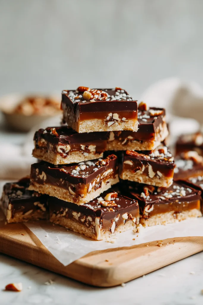 Slices of Pecan Pie Bars stacked on parchment, showing glossy tops and layers of pecan and shortbread.