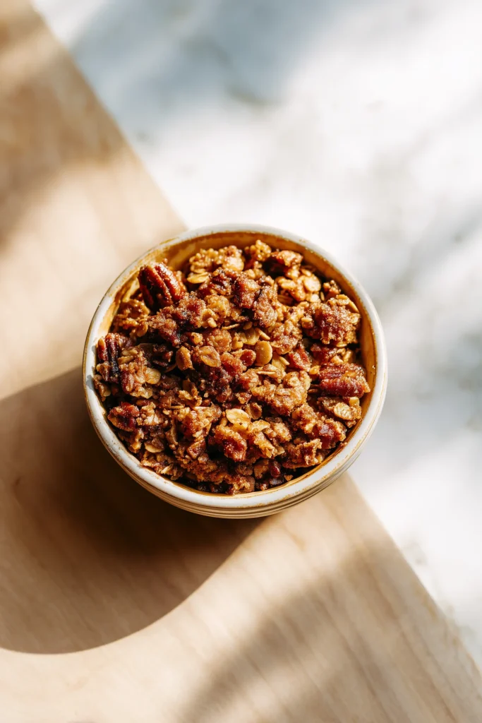 Bowl filled with pecan-oat topping for Southern Maple Sweet Potato Casserole.