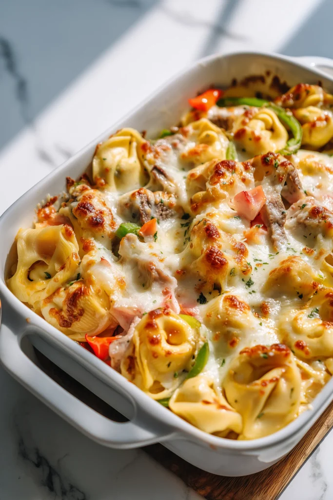 Philly Cheesesteak Tortellini Pasta 1 Golden Philly Cheesesteak Tortellini Pasta with steak, peppers, and cheese bubbling in a casserole.