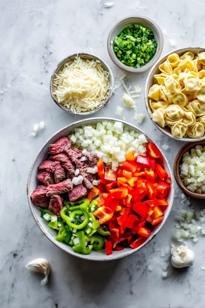 Philly Cheesesteak Tortellini Pasta 2 Ingredients for Philly Cheesesteak Tortellini Pasta arranged neatly on a marble counter.