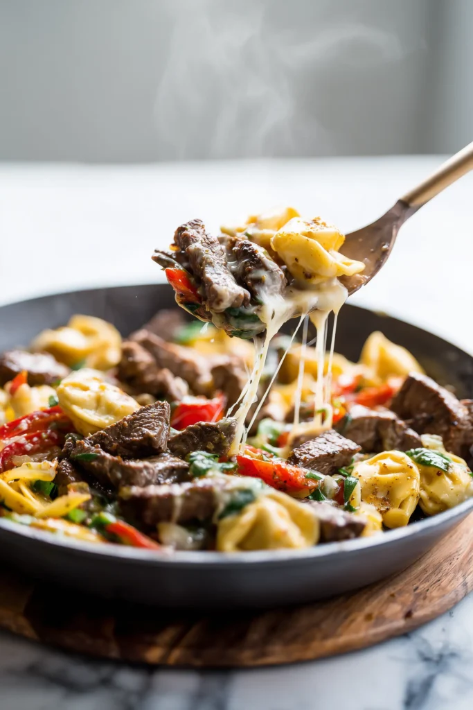 Philly Cheesesteak Tortellini Pasta 3 Steak, peppers, and tortellini being combined in a skillet for Philly Cheesesteak Tortellini Pasta.