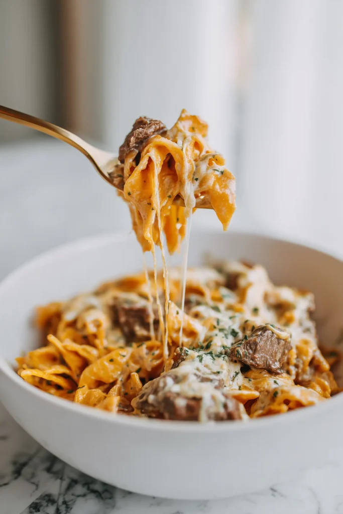 Philly Cheesesteak Tortellini Pasta 4 A white bowl filled with creamy Philly Cheesesteak Tortellini Pasta with steak, cheese, and peppers.