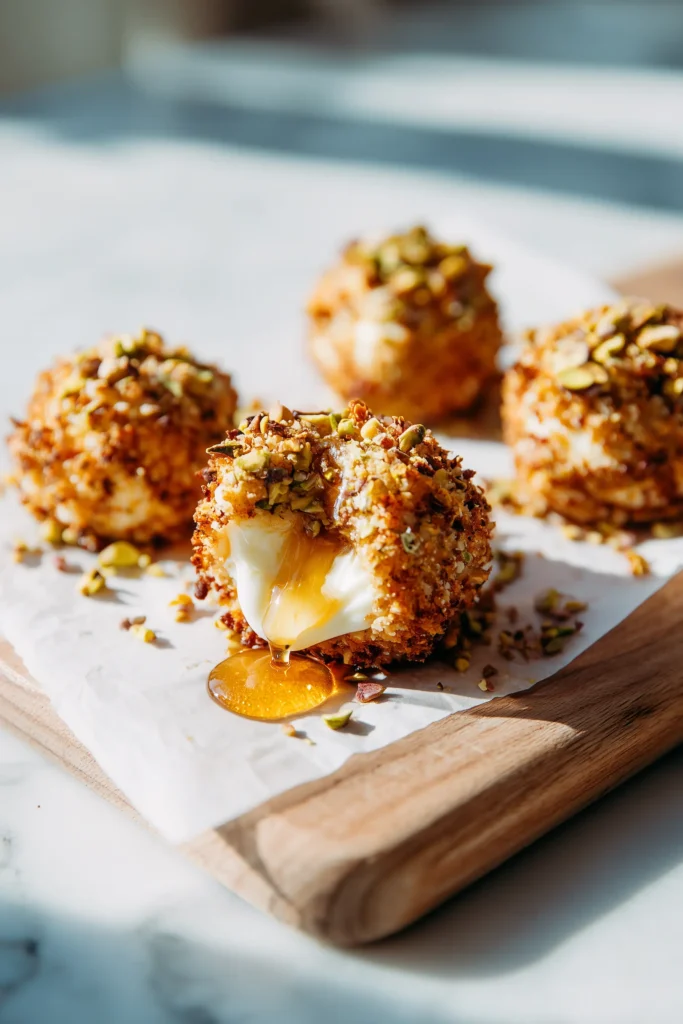 A close-up of Pistachio-Crusted Brie Bites revealing the gooey brie cheese inside their golden pistachio crust.