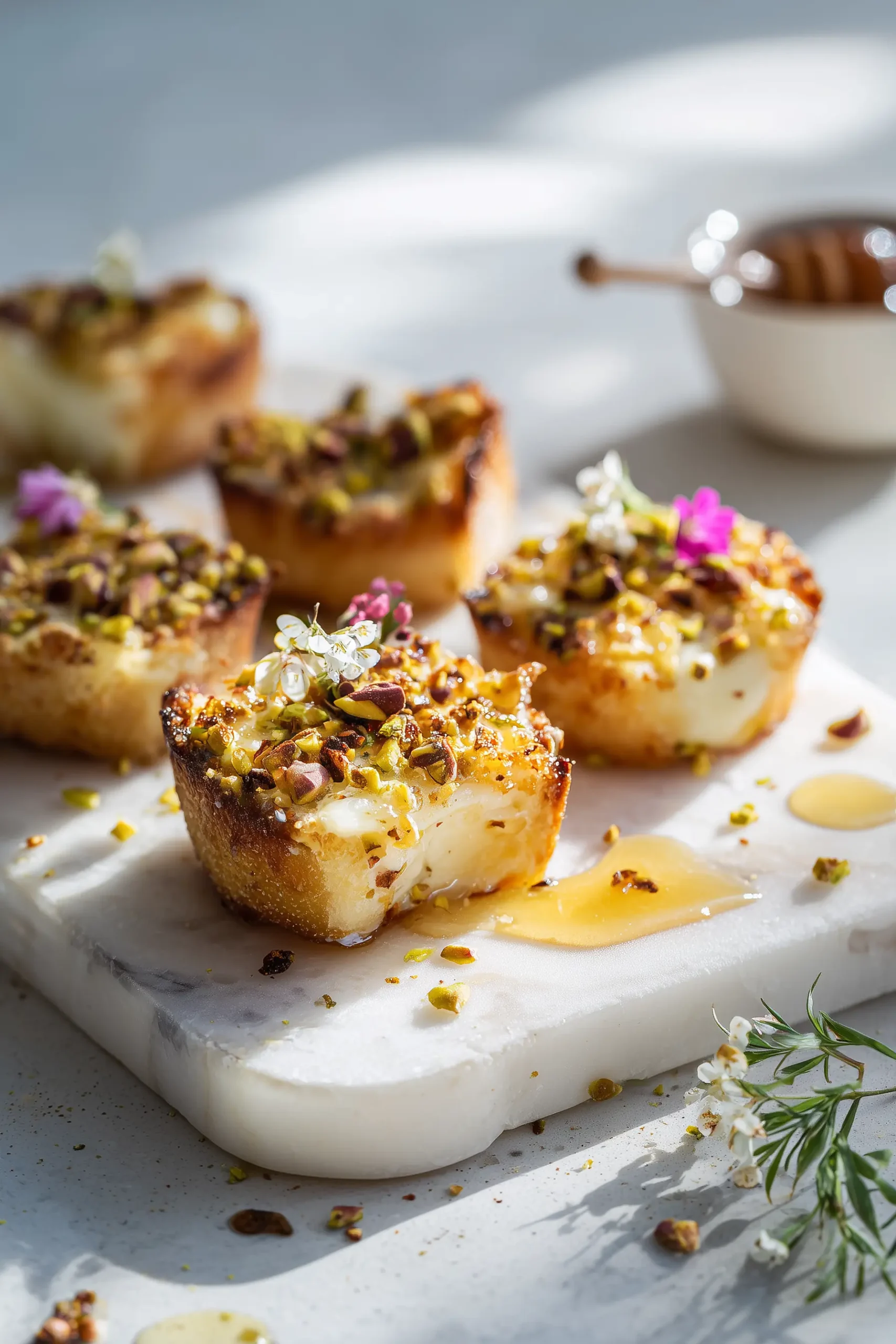 Golden Pistachio-Crusted Brie Bites arranged on a white marble tray, showcasing their crispy pistachio exterior and melty cheese centers.