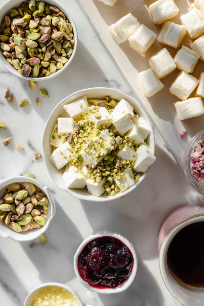 Overhead layout of brie cubes, chopped pistachios, puff pastry squares, and jam for Pistachio-Crusted Brie Bites on marble.