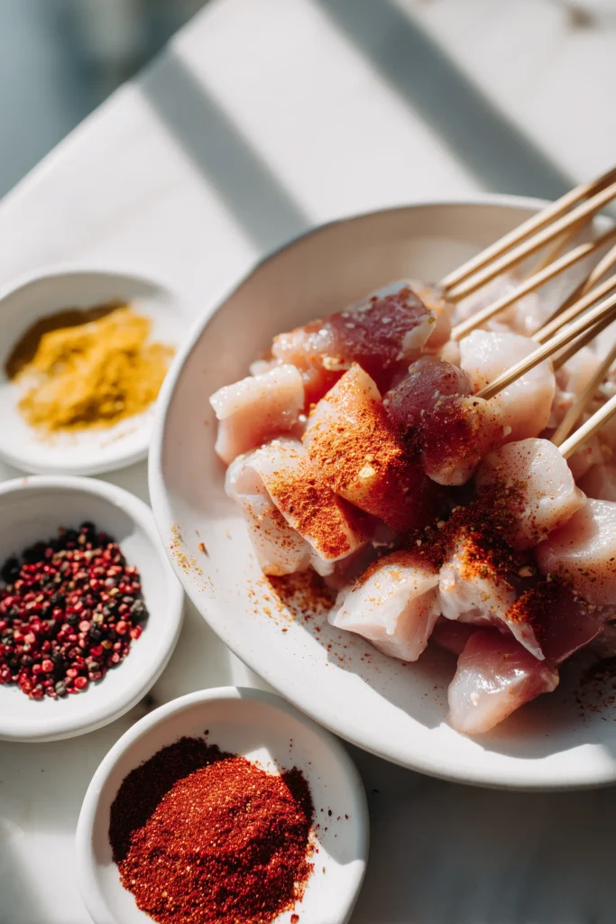 Chicken pieces tossed in spices and oil on a white plate, prepped for Bang Bang Chicken Skewers.