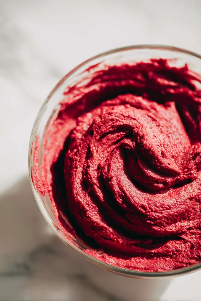 Red velvet brownie batter in a glass bowl showing the deep red, creamy texture.