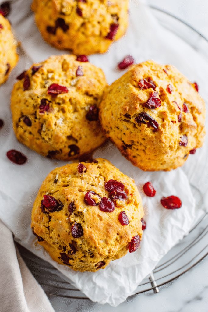Pumpkin cranberry scones cooling on a rack with golden edges and visible cranberries.