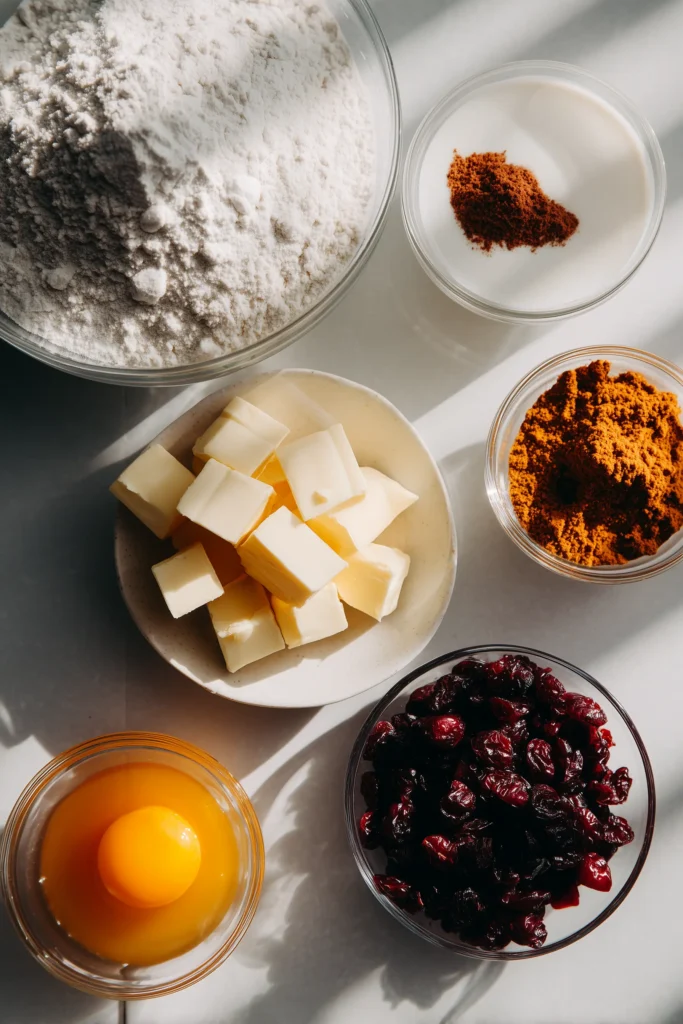Best Pumpkin Cranberry Scones 2 All the core pumpkin cranberry scones ingredients arranged on a light marble countertop.