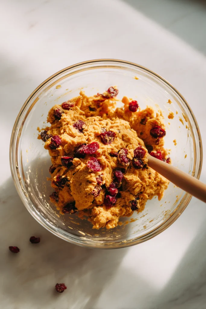 Best Pumpkin Cranberry Scones 3 Pumpkin cranberry scone dough with cranberries being folded in, ready to bake.
