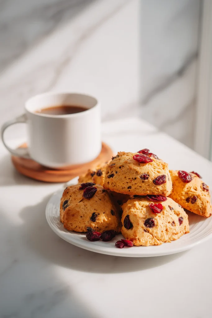 Best Pumpkin Cranberry Scones 4 Pumpkin cranberry scones served on a plate by a cup of coffee, perfect for breakfast.