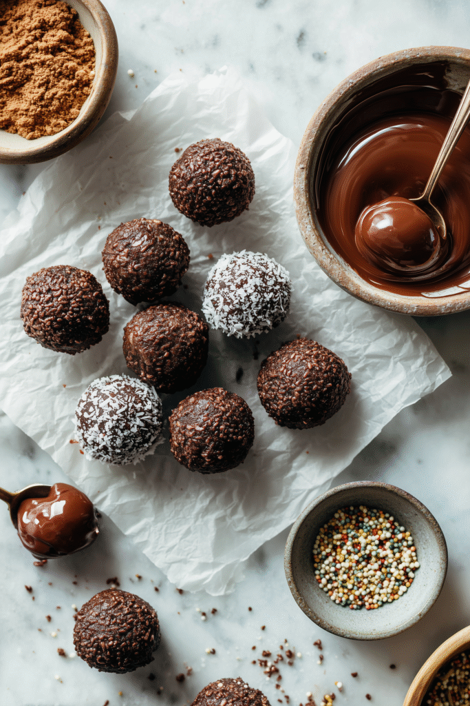 Oreo and peanut butter truffle balls being dipped in chocolate for Reese’s Peanut Butter Oreo Truffles.