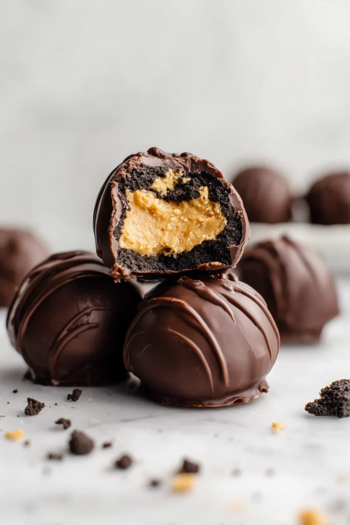 A close-up of Reese’s Peanut Butter Oreo Truffles with one split open to show the creamy peanut butter and Oreo filling.