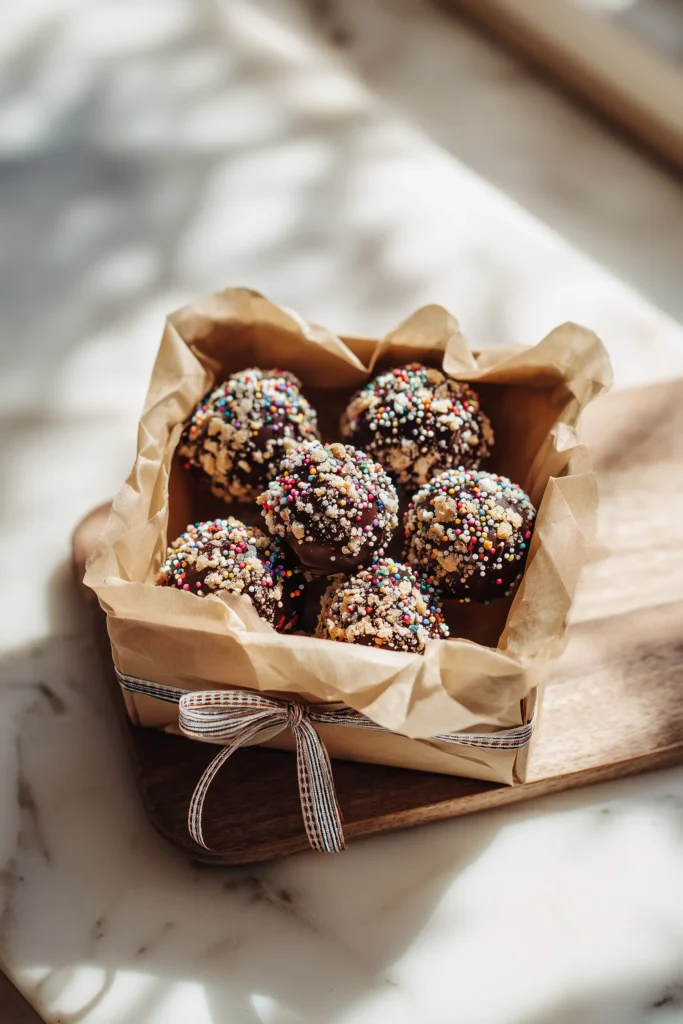 Reese’s Peanut Butter Oreo Truffles arranged in a gift box lined with parchment paper.