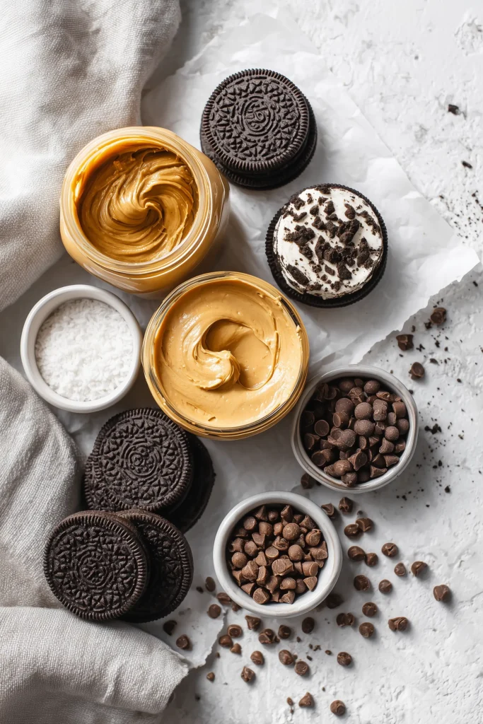 Ingredients for Reese’s Peanut Butter Oreo Truffles arranged on bright marble.