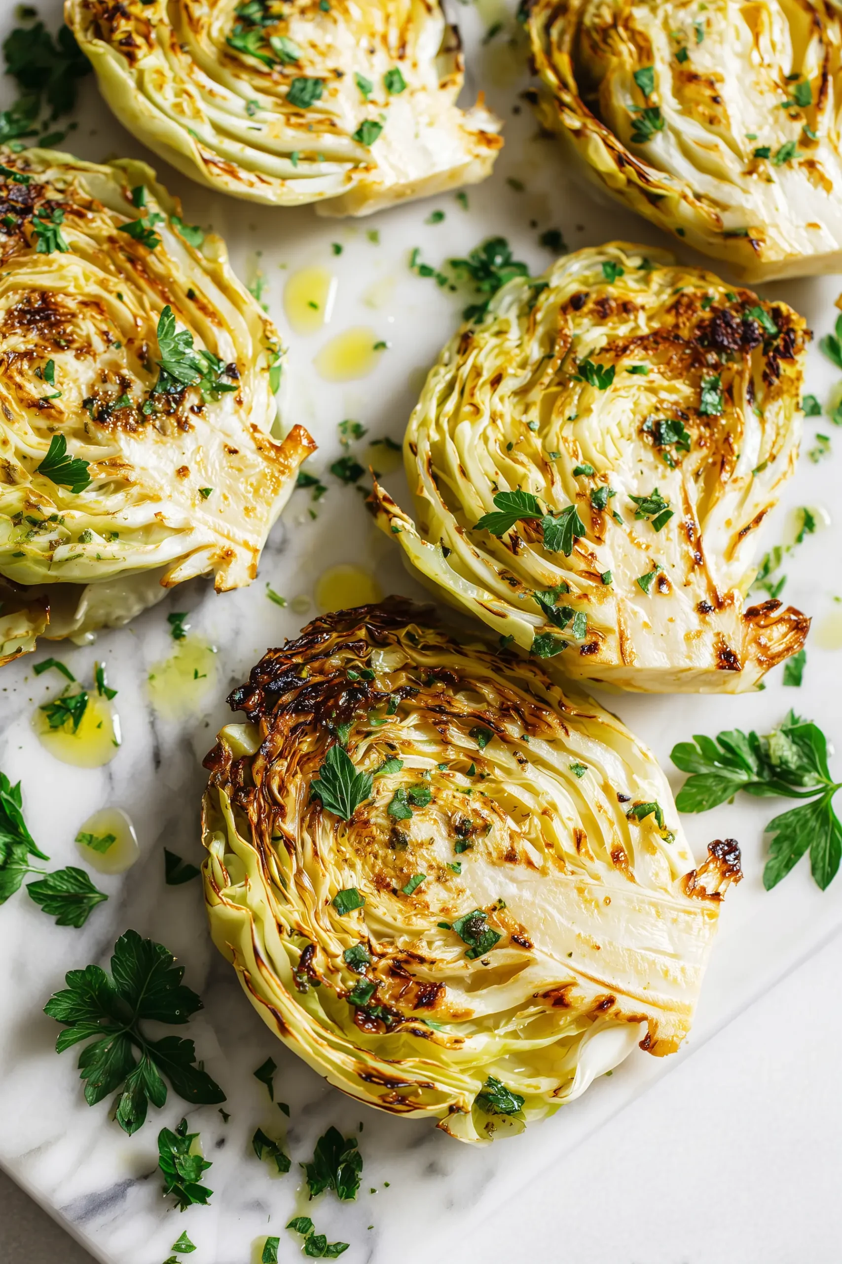 Overhead view of Roasted Cabbage Steaks on a marble background, with crisp golden edges and fresh herbs.