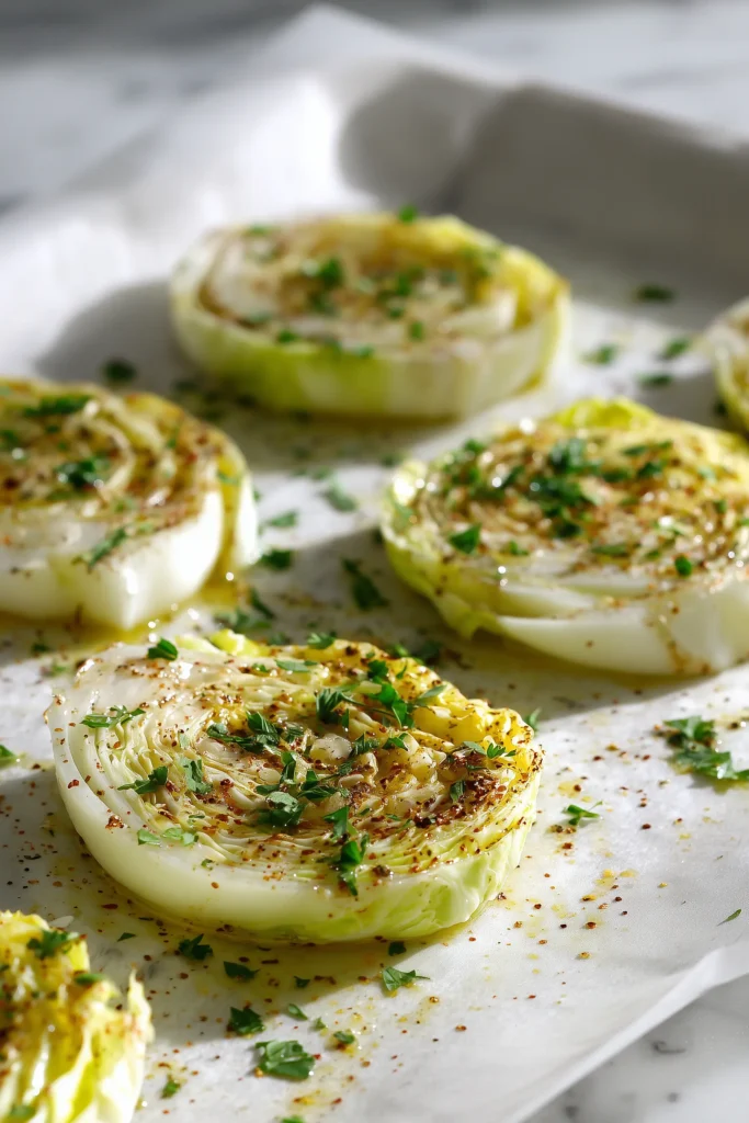 Seasoned cabbage slices on parchment, prepped for Roasted Cabbage Steaks.