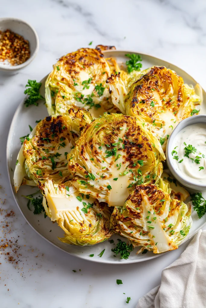 Golden Roasted Cabbage Steaks served with dip and fresh herbs on a plate.