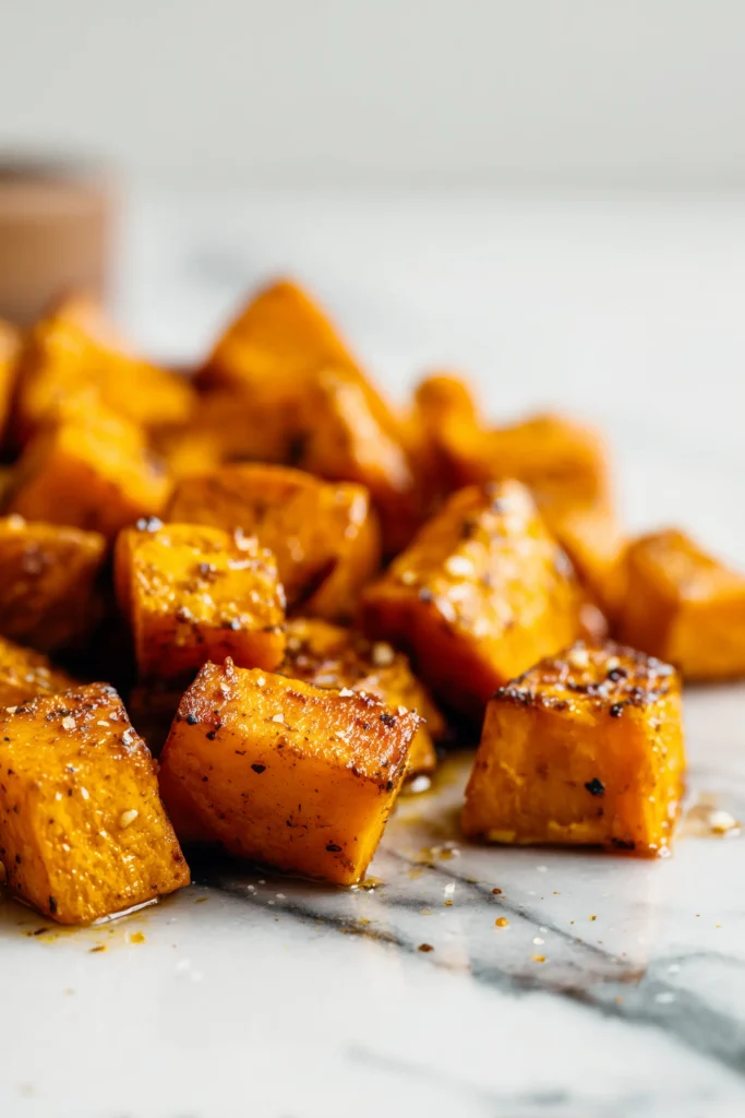 Roasted sweet potatoes for Maple Dijon Chicken & Roasted Sweet Potato Bowls, crispy and golden on a baking sheet.